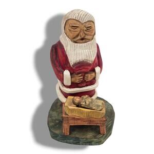 Carved Wooden Santa Claus Praying Baby Jesus Nativity Christmas Hand Crafted